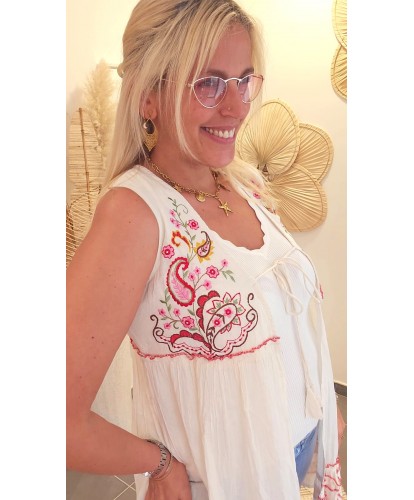Gilet Broderie Floral Crème - Tania
