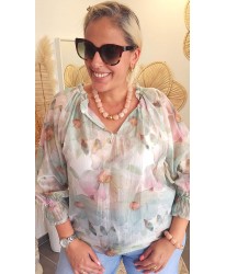 Blouse Mousseline Fleurie Vert - Ilana