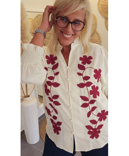 Chemise Ecrue Brodée à Fleurs Bordeaux - Alix