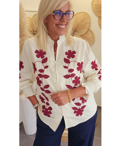 Chemise Ecrue Brodée à Fleurs Bordeaux - Alix