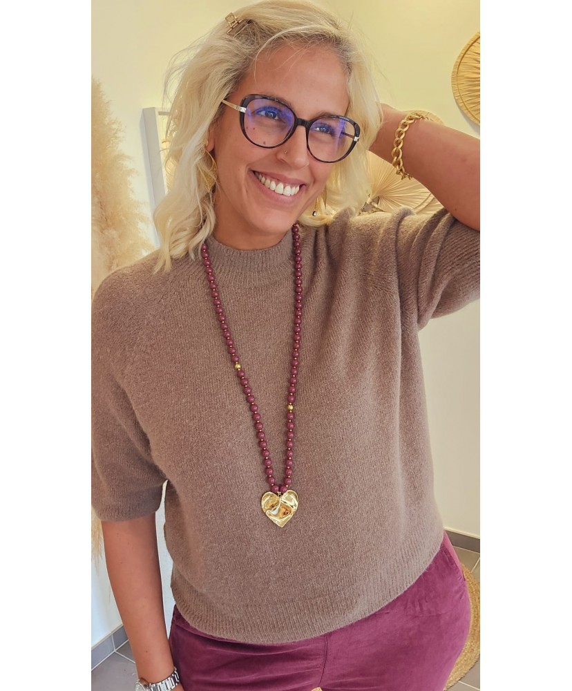 Sautoir Acier Bordeaux - Pendentif Cœur Doré