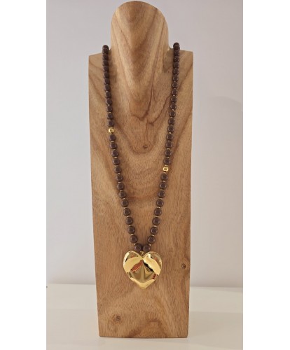 Sautoir Acier Chocolat - Pendentif Cœur Doré