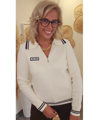 Pull Ecru Zippé à Col Polo...