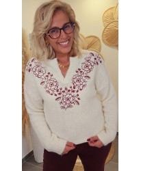 Pull Ecru Broderies Bordeaux - Eve