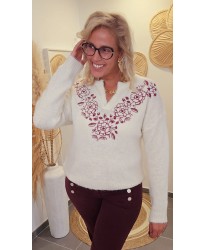 Pull Ecru Broderies Bordeaux - Eve
