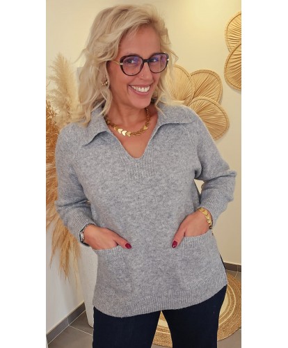 Pull Gris Col Polo Doux -...