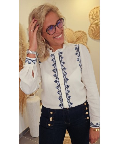 Chemise Blanche Brodée Bleue Bohème – Solène