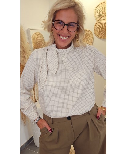 Chemise Carreaux Lavallière Ecru - Marguerite