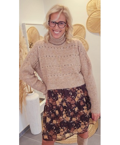 Pull Col Roulé Ajouré Camel - Kenza