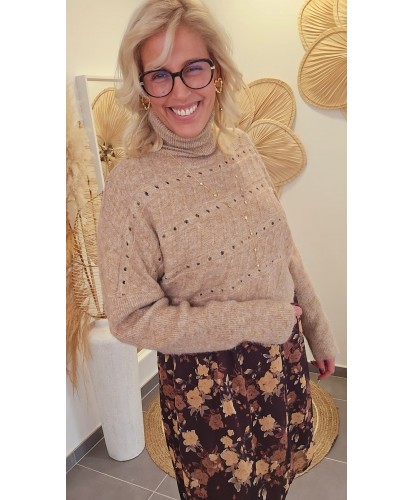 Pull Col Roulé Ajouré Camel - Kenza