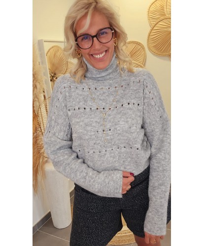 Pull Col Roulé Ajouré Gris...