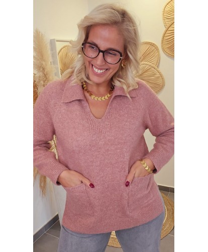 Pull Rose Poudré Col Polo Doux - Louna