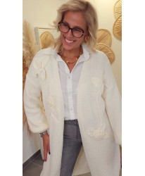 Gilet Long Ecru Fleurs en Relief - Rania