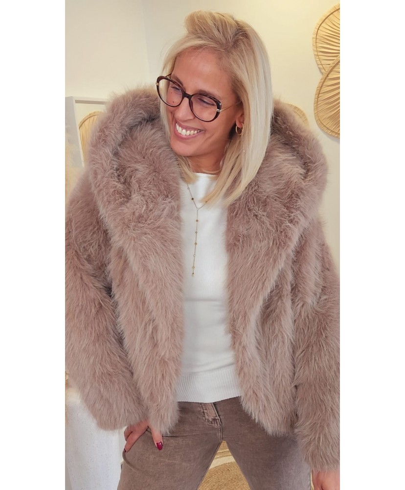 Veste Capuche Fausse Fourrure Beige - Fanny