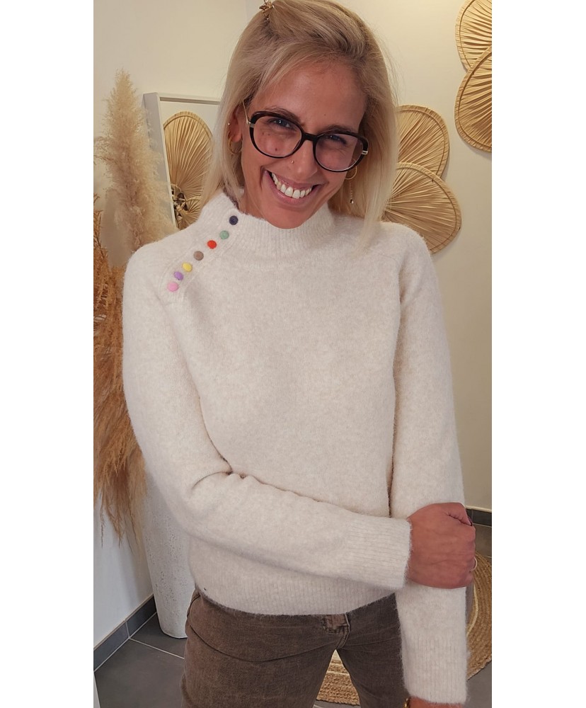 Pull Doux Ecru à Détails Colorés - Leane