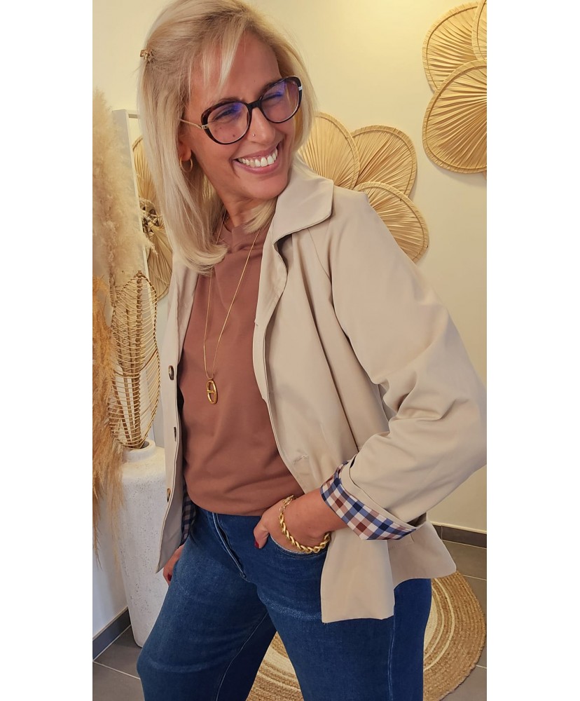 Veste Courte Beige à Revers Imprimés - Agathe