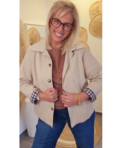Veste Courte Beige à Revers Imprimés - Agathe
