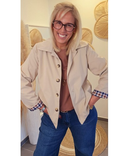 Veste Courte Beige à Revers Imprimés - Agathe