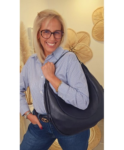 Sac d'Italie Cuir Bleu Marine Hobo Chic