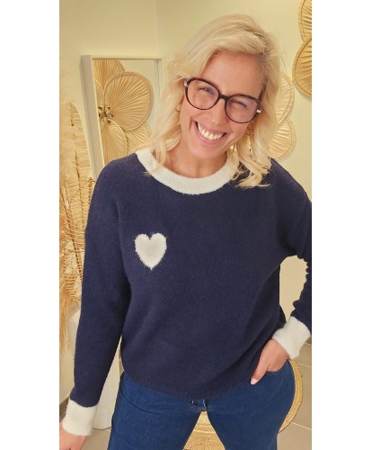 Pull Fluffy Marine "Cœur Blanc" - Alice