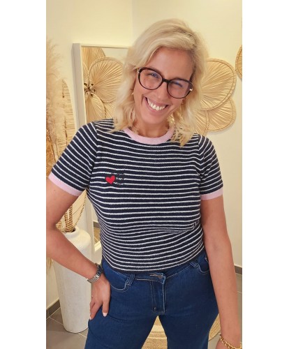 Pull Marinière à Manches Courtes "Cœur Brodé" - Maelle