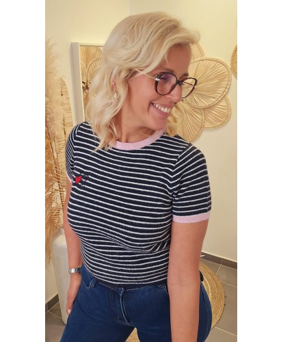 Pull Marinière à Manches Courtes "Cœur Brodé" - Maelle