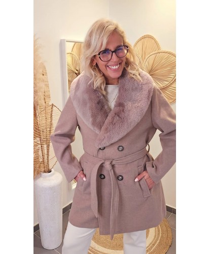 Manteau Ceinturé Col Fourrure Amovible - Alexa