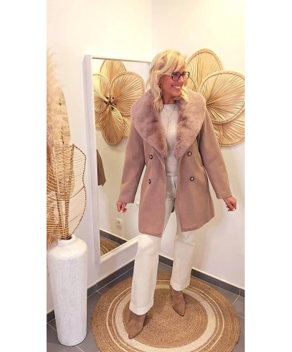 Manteau Ceinturé Col Fourrure Amovible - Alexa