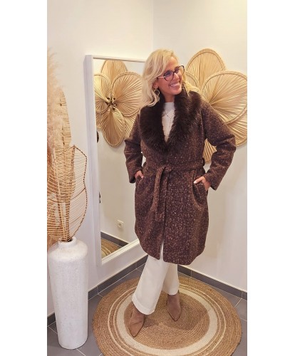 Manteau Ceinturé Chic Col Fourrure Chocolat - Alix