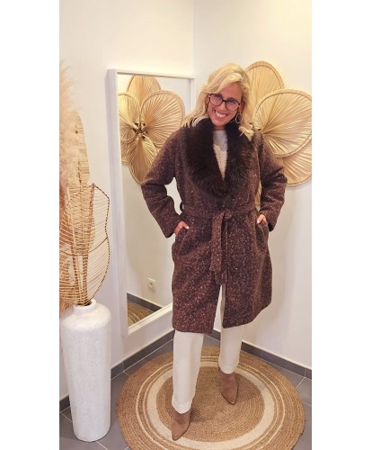 Manteau Ceinturé Chic Col Fourrure Chocolat - Alix