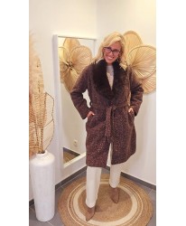 Manteau Ceinturé Chic Col Fourrure Chocolat - Alix