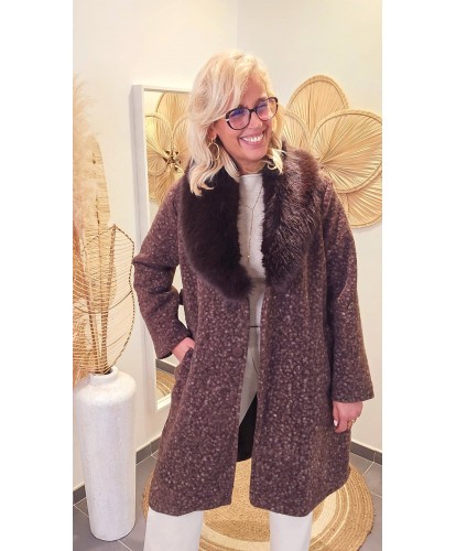 Manteau Ceinturé Chic Col Fourrure Chocolat - Alix