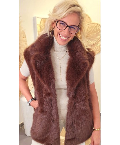 Gilet Chocolat Sans Manches Fausse Fourrure - Melina
