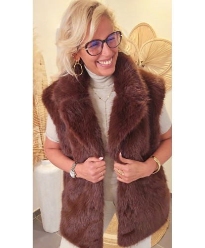 Gilet Chocolat Sans Manches Fausse Fourrure - Melina