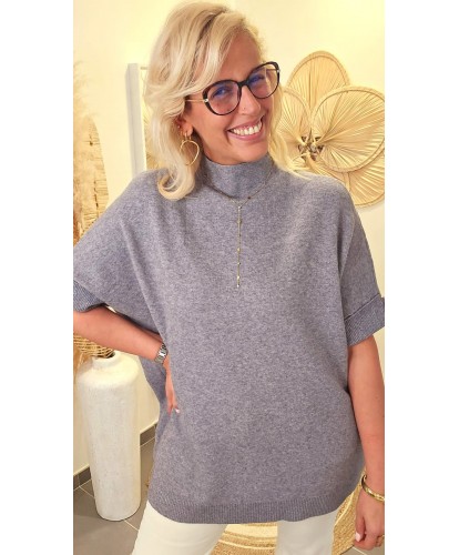 Pull Gris Oversize Manches Courtes & Lurex - Carla