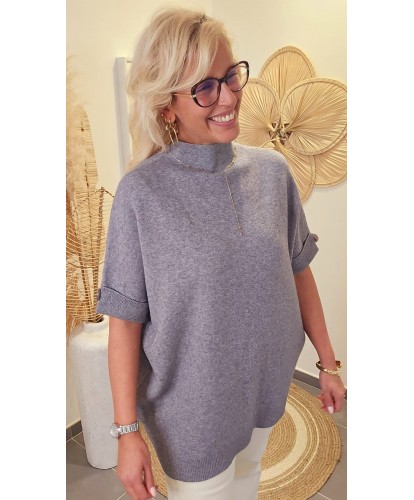 Pull Gris Oversize Manches Courtes & Lurex - Carla
