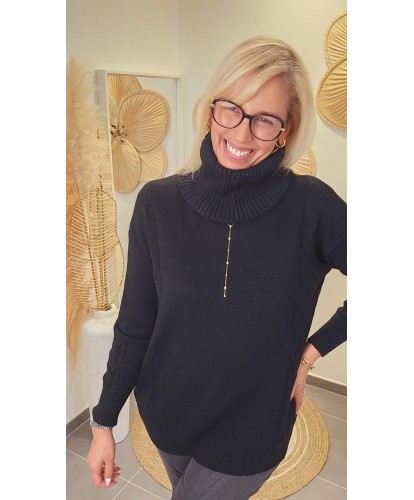 Pull Noir 2-en-1 Col Roulé Amovible - Lili