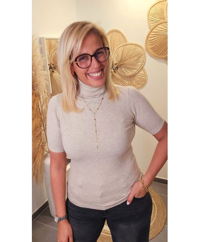 Pull Col Roulé Manches Courtes Beige - Laura
