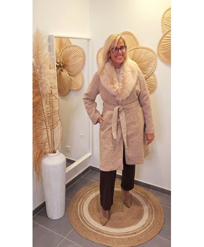 Manteau Ceinturé Chic Col Fourrure Beige - Alix