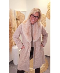 Manteau Ceinturé Chic Col Fourrure Beige - Alix