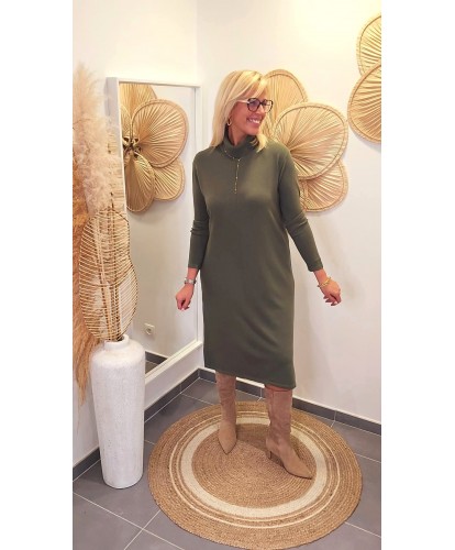 Robe Pull Col Montant Vert Olive - Angele