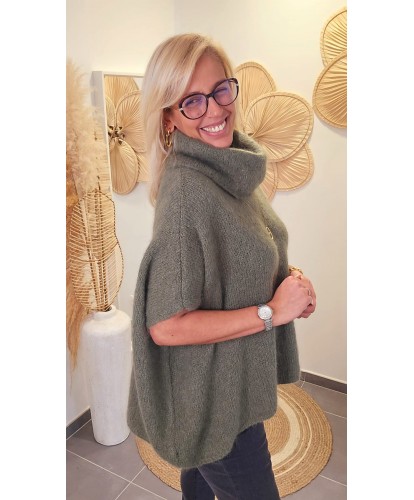 Pull Poncho Col Roulé Fluffy Kaki - Ava