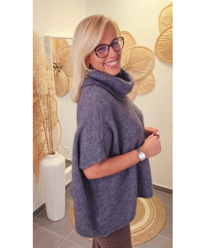 Pull Poncho Col Roulé Doux Gris - Ava