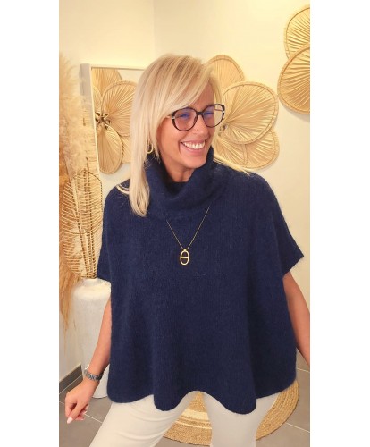Pull Poncho Col Roulé Fluffy Bleu - Ava
