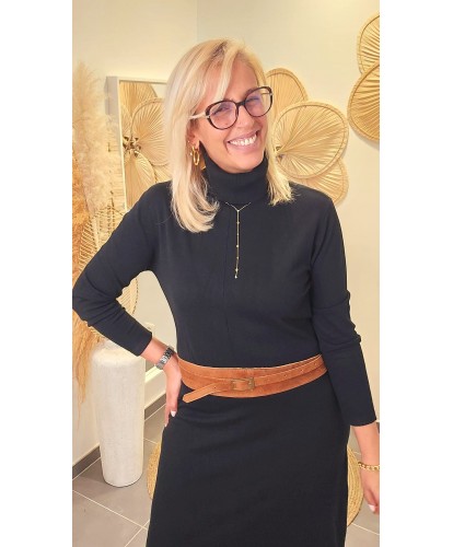 Ceinture en Cuir Nubuck & Boucle Fine Dorée Camel