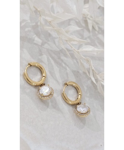 Créoles Dorées Acier Pendant Pierres Zircon Halo