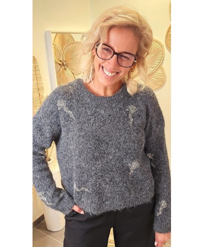 Pull Gris Fluffy Brodé -...