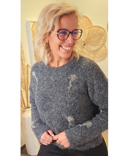 Pull Gris Fluffy Brodé - Clémentine