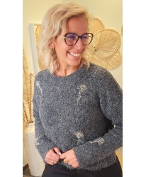 Pull Gris Fluffy Brodé - Clémentine
