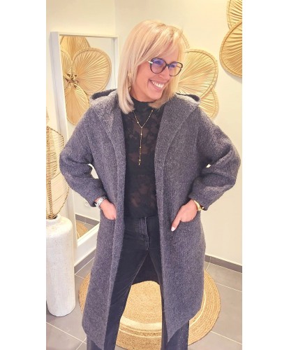 Gilet Gris à Capuche Maille Cocooning – Sarah